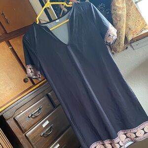 Navy Dress with Patterned Trim for Women